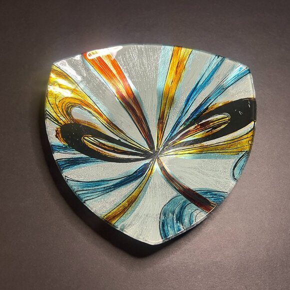 Metallic Quadrifoglio Abstract Art Glass Triangular Trinket Candy Dish Bowl 7.5" - Picture 3 of 6